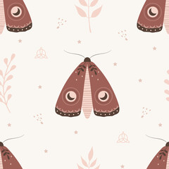 Seamless pattern with boho moth. Insect with celestial elements. Witch and magic symbol for textile, fabric, prints. Abstract hand drawn vector illustration in bohemian style.