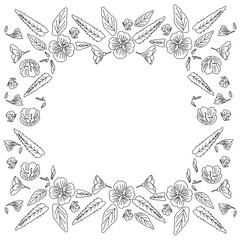 Vector floral frame pattern with flowers, plants, leaves. Doodle illustration.