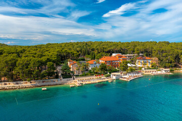 Fototapeta na wymiar Aerial view of the beach near Mali Losinj town on Losinj island, the Adriatic Sea in Croatia