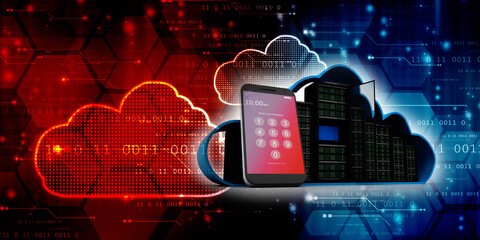 3d illustration Data center server near mobile phone
