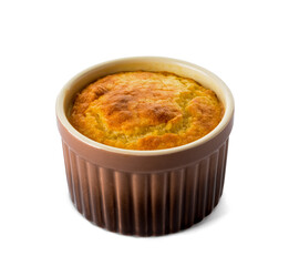 Tasty corn pudding on white background