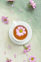 Fototapeta na wymiar Cup of floral tea with flowers on color background