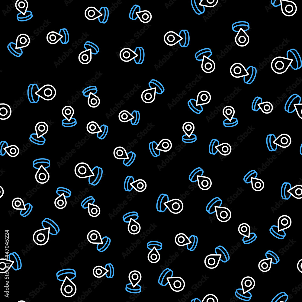 Poster line map pin icon isolated seamless pattern on black background. navigation, pointer, location, map,