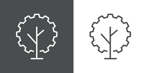 Logotipo engranaje con forma de árbol con lineas en fondo gris y fondo blanco © teracreonte