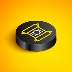 Isometric line Decree, paper, parchment, scroll icon icon isolated on yellow background. Black circle button. Vector