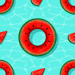 Watermelon seamless pattern, swimming pool in summer, print on t-shirt, wallpaper of children's room, fruit background, backdrop, swim-ring