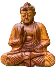 Statue en bois de bouddha, fond blanc 