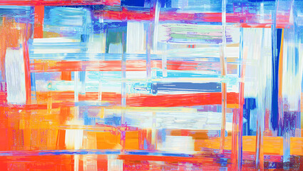 Bright orange and blue strokes, canvas, background. Contemporary art with acrylic paint, abstract painting