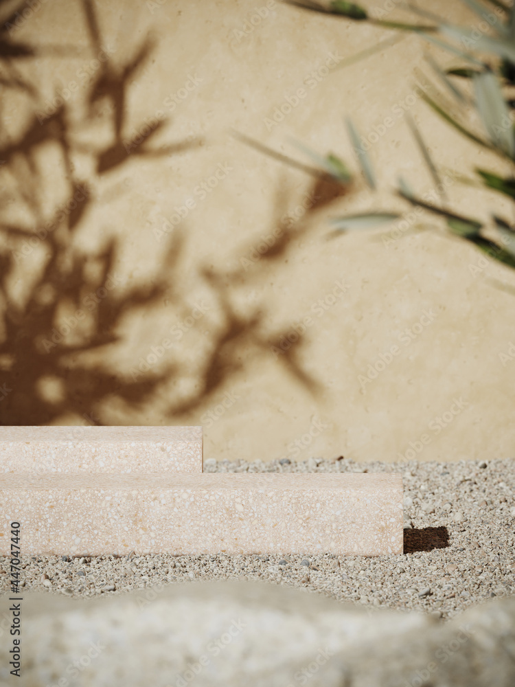 Poster summer mockup concept for product presentation. beige terrazzo podium, olive branch and pebble on st