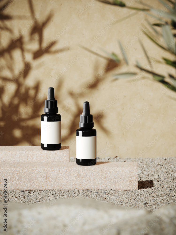 Poster summer mockup concept for product presentation. beige terrazzo podium, olive branch and pebble on st