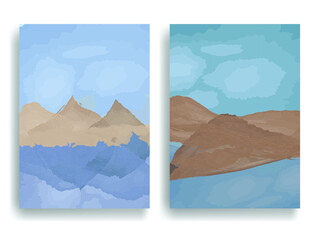 Poster with watercolor in neutral colors . Mountain landscape in Boho style  . Trendy brochure . Vector illustration .