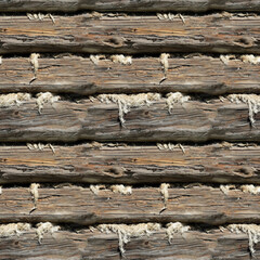 Seamless pattern of logs of an old village house with moss and mold