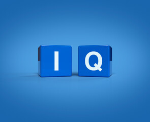 3d rendering, illustration of IQ letter on block cubes on blue background, Business intelligence quotient and logic concept