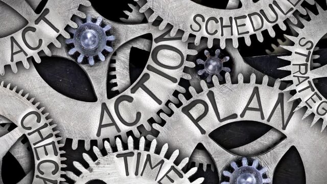Group of rotating tooth wheels with Action Plan, Time, Check, Strategy and Schedule sign imprinted on metal surface. High quality 4k video.