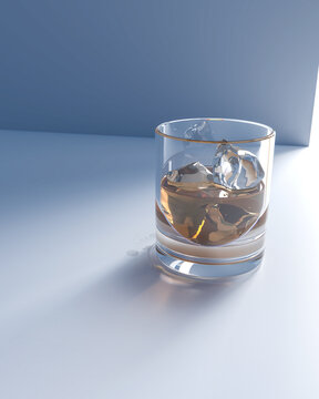 Whiskey on the rocks. 3D illustration of alcoholic beverage on white background.