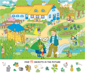 Obraz na płótnie Canvas Kindergarten. Excursion to the farm. Cheerful vector illustration. Find 15 objects in the picture. Puzzles, hidden objects