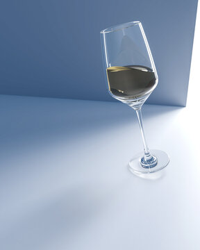 Surreal 3D illustration of tilted white wine in elegant crystal glassware.
