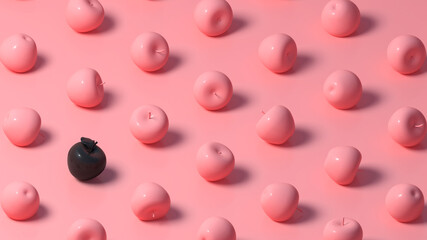 Isometric background of black apple standing out from rows of rolling pink apples. 3D illustration minimalist concept.