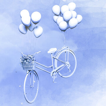 Whimsical watercolor art of a flying bicycle with a basket of flowers and balloons on cloudy blue sky background.