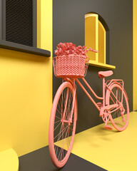Urban bike and flower basket standing on the streets in front of a building facade of yellow and black.