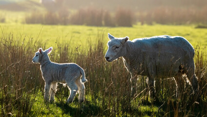 Newborn lamb in a grassy coastal paddock, on a misty afternoon, near Gisborne, New Zealand 