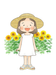 ヒマワリと麦わら帽子の女の子