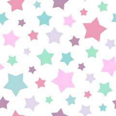 Seamless abstract pattern with pink and blue sharp stars on white background.