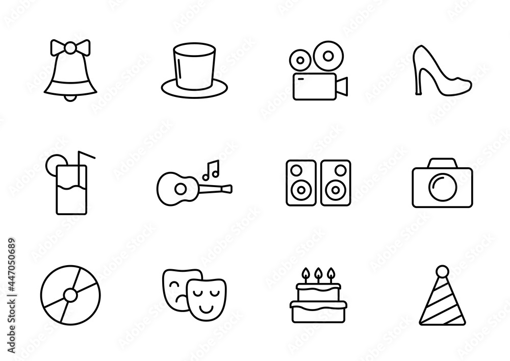 Poster party line vector icons isolated on white. party celebration outline icon set for web and ui design,