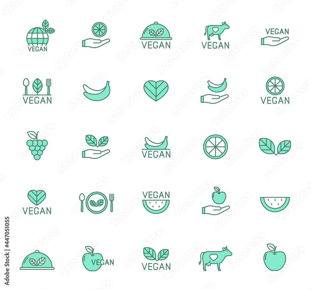 Poster vegan line vector icons in two colors isolated on white background. vegan friendly green icon set fo