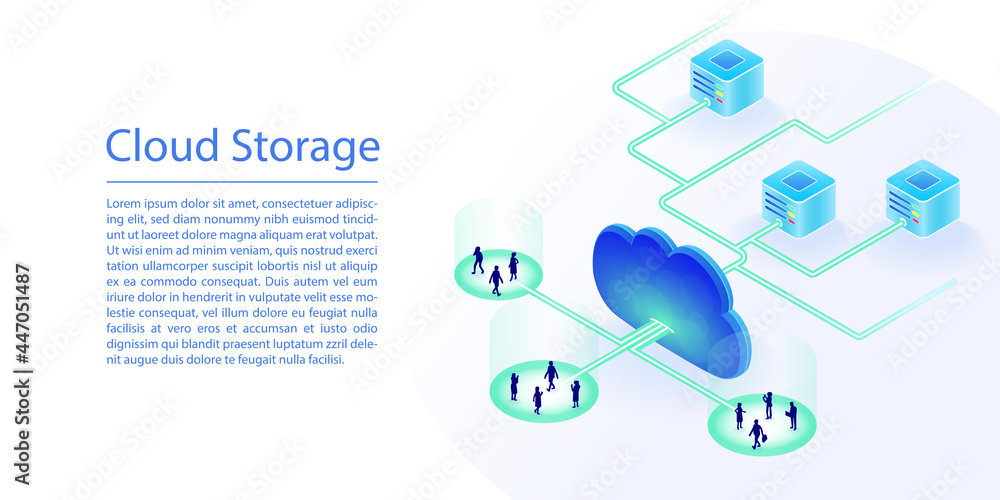 Poster cloud storage concept as website banner. 3d isometric vector illustration of a data center in the cl