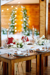 Wedding. Banquet. Luxury rich table setting for a wedding celebration, party in nice cozy restaurant. 
