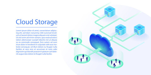 Cloud storage concept as website banner. 3d isometric vector illustration of a data center in the cloud. 