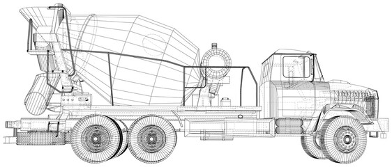 Close-up Concrete Mixer Truck. Outline drawing of Industrial transport. Vector created of 3d, Wire-frame.