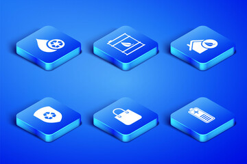 Set Battery charge level indicator, Recycle clean aqua, Shopping bag, inside shield, Bio fuel barrel and Eco friendly house icon. Vector