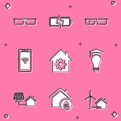 Set Glasses, Battery, Smart glasses, Mobile with wi-fi wireless, home settings, Light bulb and graduation cap, House solar panel and humidity icon. Vector