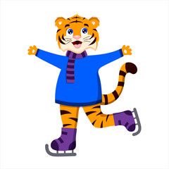 cartoon tiger skating, symbol of the year, vector isolated on a white background
