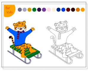 coloring book for children by colors, cartoon tiger sledding, symbol of the year, vector isolated on a white background