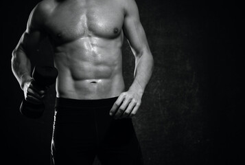 Obraz na płótnie Canvas man with a pumped-up torso muscles dumbbells exercise gym