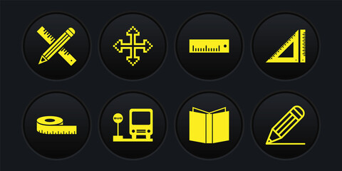 Set Tape measure, Triangular ruler, Bus stop, Open book, Ruler, Pixel arrows in four directions, Pencil and line and Crossed pencil icon. Vector