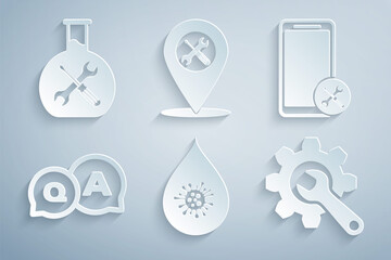 Set Dirty water drop, Mobile service, Question and Answer, Wrench gear, Location and Bioengineering icon. Vector