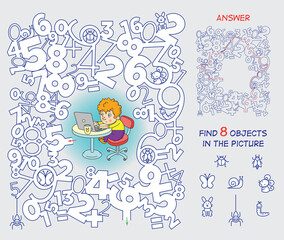 Online lesson. Complete the maze of numbers and find 8 hidden objects. Funny cartoon character. Vector illustration.