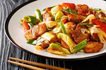  Twice Cooked Pork Tender fatty pork cooked in a rich scrumptious sauce and vegetables closeup in the plate on the wooden table. Horizontal