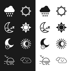 Set Sun, Moon icon, Cloud with rain, Sleeping moon, Eclipse of the sun, and Sunset icon. Vector