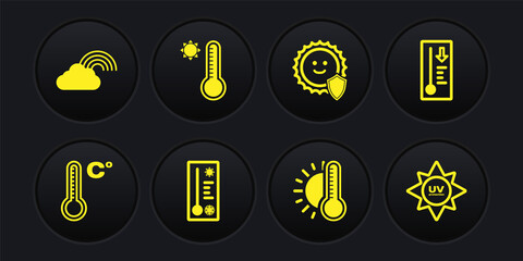 Set Meteorology thermometer, Thermometer with sun, UV protection, and Rainbow cloud icon. Vector