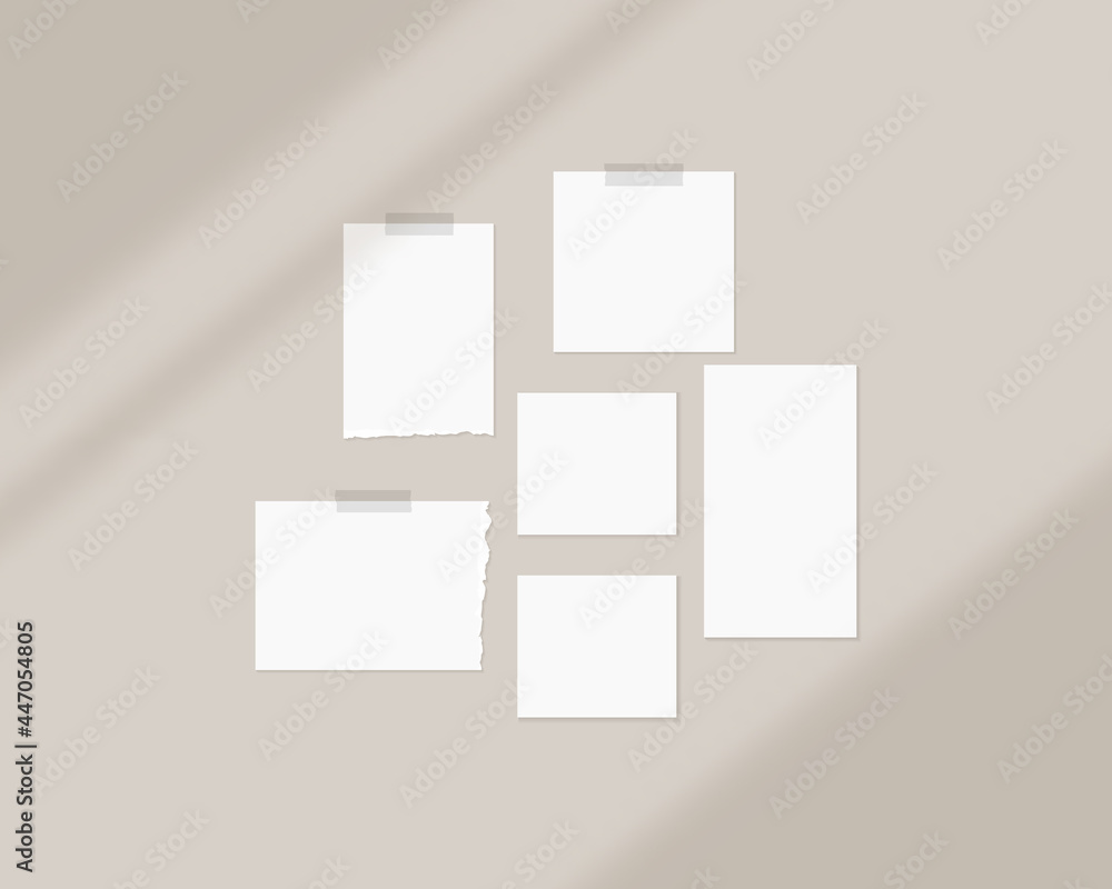 Poster mood board mockup template. empty sheets of white paper on the wall with shadow overlay. mockup vect