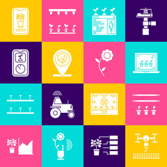 Set Smart farm with drone, bulb and plant, farming technology, Location tree, control system and Flower icon. Vector