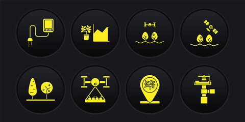 Set Trees, Smart farm with drone, Location and tree, Flower statistics, Automatic irrigation sprinklers and Sensor icon. Vector