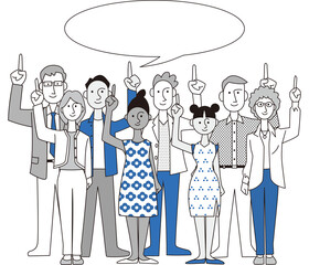 世界各国の男性4人女性4人が吹き出しに向けて指をさしています。