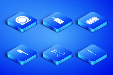 Set Syringe, Makeup powder with mirror, Eyelash curler, Hairbrush, Spray can and Bar of soap icon. Vector