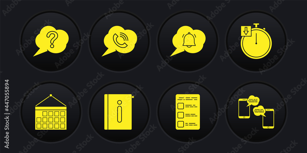 Poster set calendar, stopwatch, user manual, create account screen on mobile, speech bubble chat notificati
